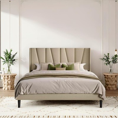 Allewie Platform Bed Frame with Geometric Wingback Headboard, Modern Upholstered Bed with Wooden Slats Support, No Box Spring Needed, Easy Assembly