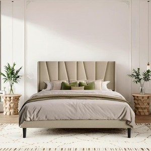 Allewie Platform Bed Frame with Geometric Wingback Headboard, Modern Upholstered Bed with Wooden Slats Support, No Box Spring Needed, Easy Assembly - 1 of 4