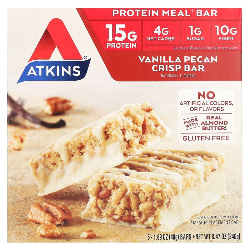 Atkins Protein Meal Bar, Vanilla Pecan Crisp, 5 Bars, 1.69 oz (48 g) Each, 1 of 4