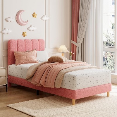 Boucle Upholstered Platform Bed with Wave Headboard for Kids, Easy Assembly, Wooden Slats Support, No Box Spring Needed