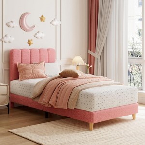 Boucle Upholstered Platform Bed with Wave Headboard for Kids, Easy Assembly, Wooden Slats Support, No Box Spring Needed - 1 of 4