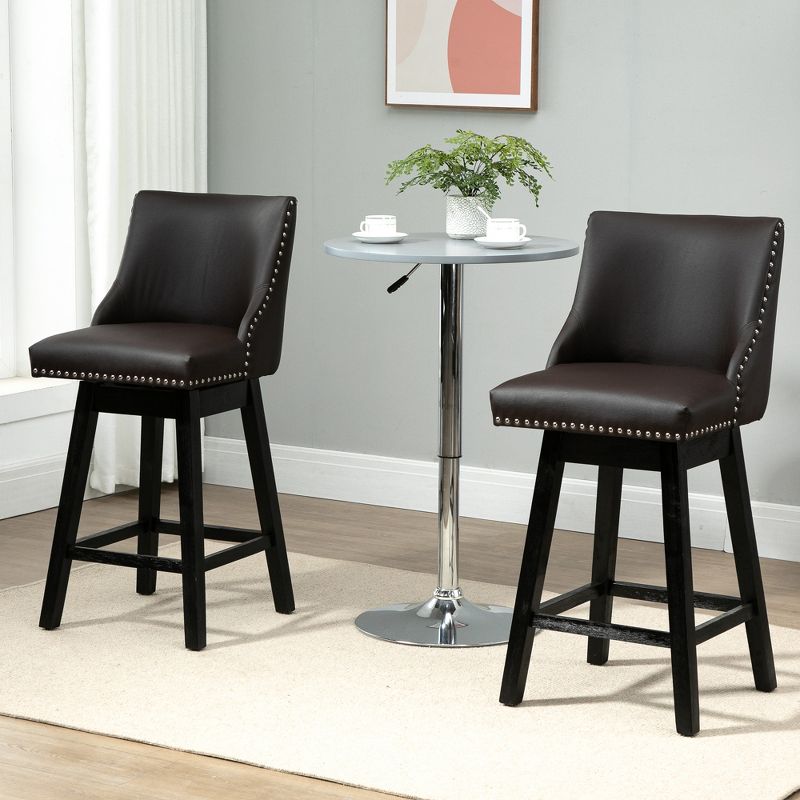 HOMCOM 28" Swivel Bar Height Bar Stools Set of 2, Armless Upholstered Barstools Chairs with Nailhead Trim, Wood Legs, 2 of 7