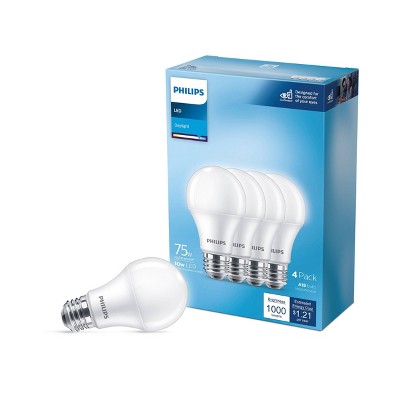 Philips LED 75W Frosted Daylight Non-Dim A19 4P (Non-T20): 1100 Lumens, E26 Base, 5000K, 10-Year Life, 4-Pack