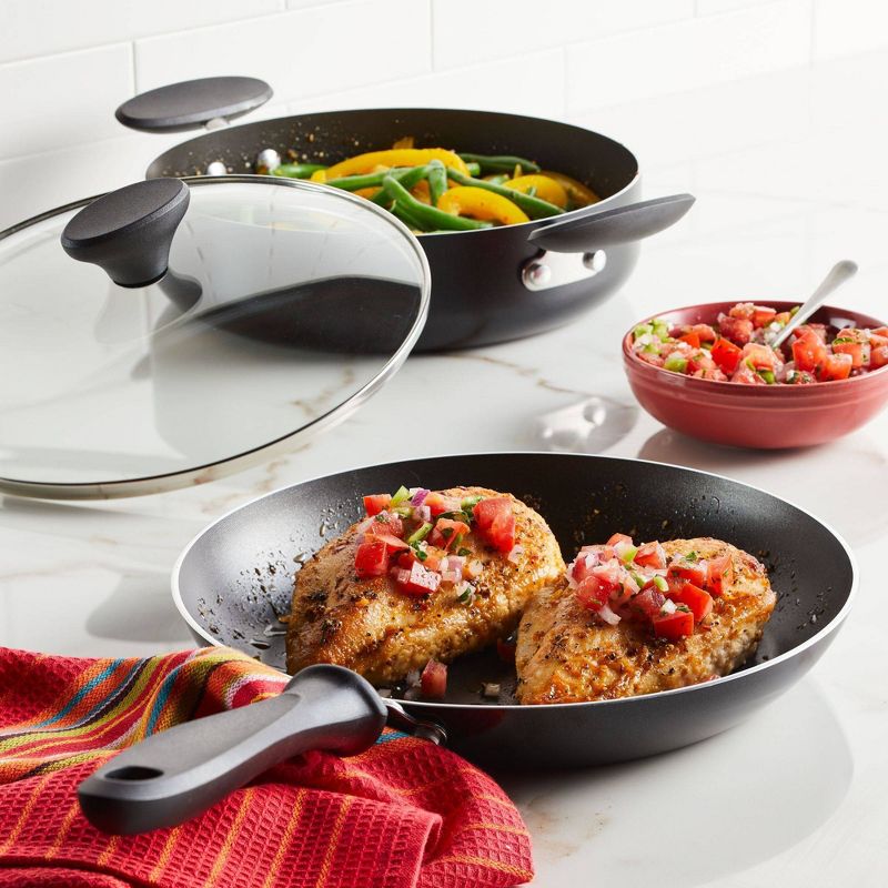 Farberware 3pc Nonstick Aluminum Reliance Covered Sauteuse and Open Skillet Cookware Set Black, 3 of 11