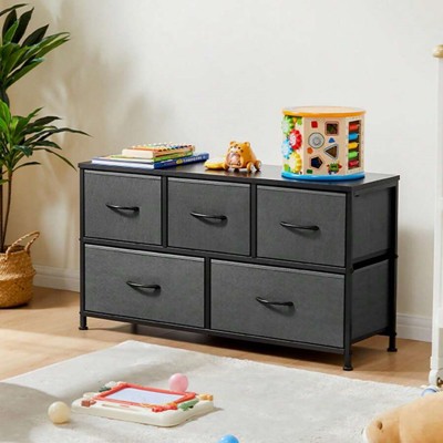 SKRAN Dresser For Bedroom,5 Storage Drawers,Fabric Closet Chests Organizer Tower Furniture With Wooden Top Metal Frame For Clothes, Guest Room