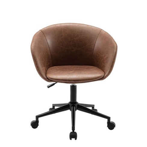 Modern Curved Back Barrel Office Chair, Brown Leather Swivel Chair Office