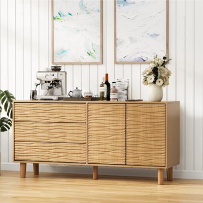 Mid Century Teak Buffet Cabinet with Undulating Grooves, 3 Drawers & 2 Doors - Modern Credenza for Dining & Living Room Storage