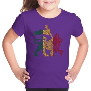 LA Pop Art Girl's Word Art T-shirt - Rasta Lion - One Love - 1 of 4