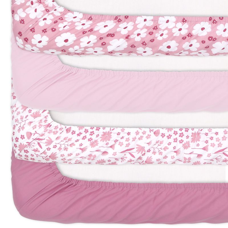 The Peanutshell Fitted Crib Sheet Set for Baby Girls, Daisy, 4 Pack | Pink, Mauve, 6 of 9