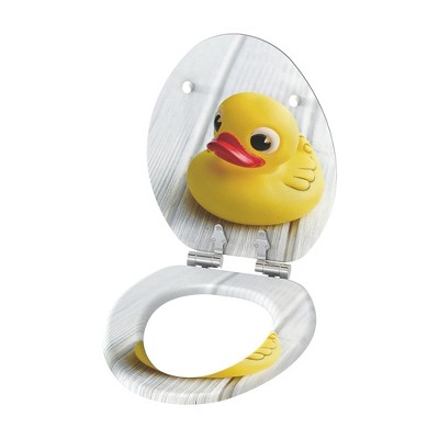 Sanilo 198 Elongated Molded Wood Toilet Seat with No Slam, Soft Close Lid, Stainless Steel Hinges, and Unique Decorative Design, Rubber Toy Duck