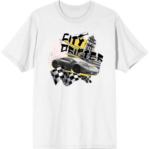 City Drifter Race Car With Flag And Clock Tower Adult Crew Neck Short Sleeve Tee - 1 of 2