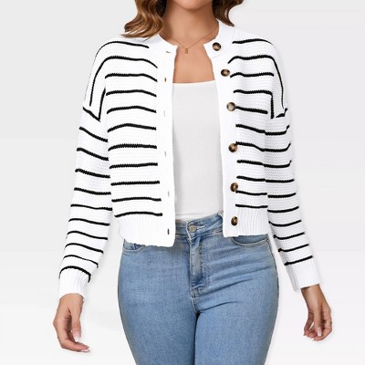 Women's Striped Cropped Cardigan with Front Button Down - Sweater Knit Outerwear for Everyday Wear,White - L