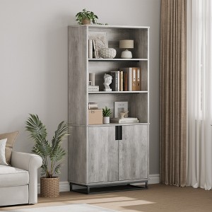 71" Tall Bookcase w/ Doors & Metal Base, 5-Tier Bookshelf with Cabinet & Adjustable Shelf, Wooden Book Shelf for Living Room Office Library - 1 of 4