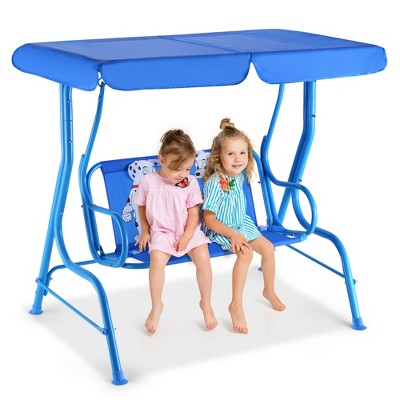 Tangkula Kids Patio Porch Bench Swing w/ Safety Belt Canopy Outdoor Furniture Blue