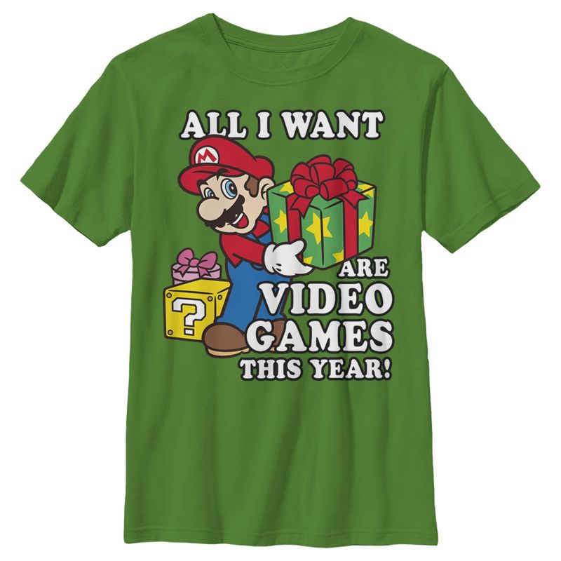 Boy's Nintendo Christmas Mario All I Want Are Video Games T-Shirt, 1 of 4
