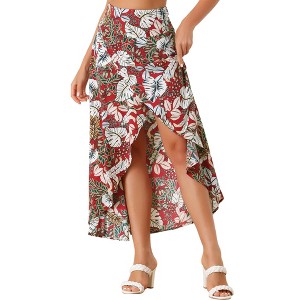 Allegra K Women's Tropical Smocked Waist High Low Flowy Maxi Skirt - 1 of 4
