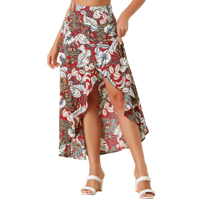 Allegra K Women's Tropical Smocked Waist High Low Flowy Maxi Skirt, 1 of 6