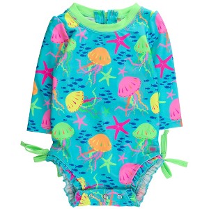 RuffleButts Baby Girls UPF50+ Sun Protected Neon Long Sleeve One Piece Rash Guard Swimsuit, with Signature Rear Ruffle - 1 of 2