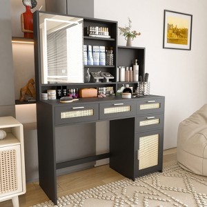 KTMBDW Makeup Vanity with Lights& Openable Mirror, Vanity Desk with 4 Drawers & 1 Cabinets & Shelves, Rattan Vanity Dresser, for Bedroom - 1 of 4