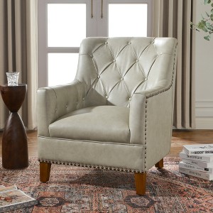 KINWELL 29.5"W Top-Grain Genuine Leather Armchair Tufted Back Barrel Chair - 1 of 4
