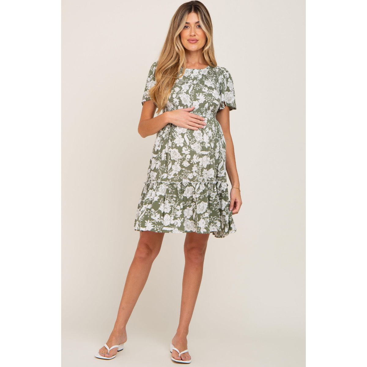 Pinkblush Light Olive Floral Smocked Ruffle Accent Maternity Dress