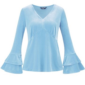 INSPIRE CHIC Women's Regular Fit V Neck Velvet Flare Long Sleeve Peplum Blouse - 1 of 4