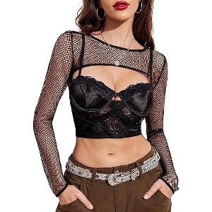 Avidlove Women Fishnet Long Sleeve Crop Top See Through Shirt Sheer Blouse Outfits - 1 of 4
