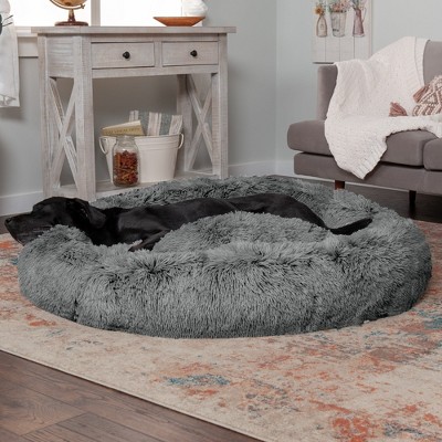 Jumbo Gray Plush Faux Fur Orthopedic Donut Pet Bed