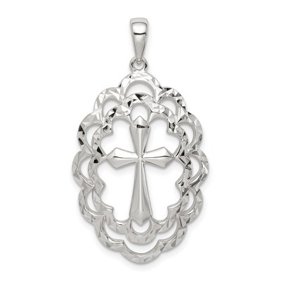 Black Bow Jewelry Sterling Silver Diamond-Cut Oval Bordered Cross Pendant, 21 x 38mm