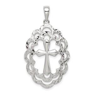 Black Bow Jewelry Sterling Silver Diamond-Cut Oval Bordered Cross Pendant, 21 x 38mm - 1 of 4