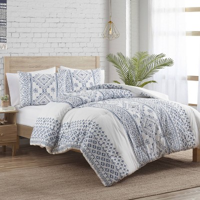 King Size White and Navy Blue Geometric Bohemian Comforter Set