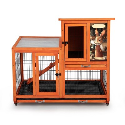 SEVOBAL 39" Rabbit Cage Orange Indoor Outdoor Bunny Hutch on Wheels 2 Story Wooden Bunny Cage for Animals with 2 Removable Trays Animal Enclosure