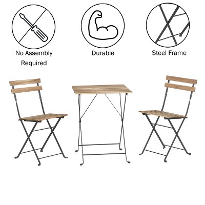 Brown Acacia Wood and Steel Folding Patio Bistro Set