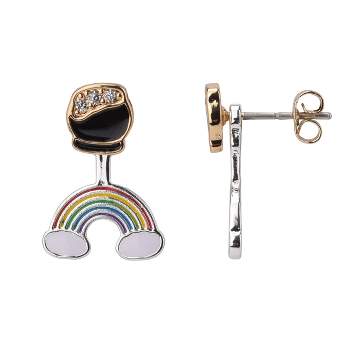 FAO Schwarz Silver Tone and Multi Color Enamlel Pot of Gold and Rainbow Front to Back Earrings