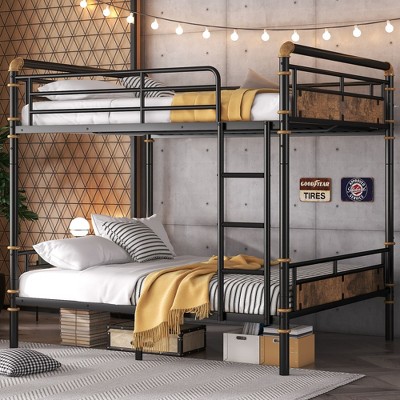 Twin XL over Twin XL Metal Bunk Bed Industrial Detachable Bunkbeds with Safety Guard Rails for Teens Black
