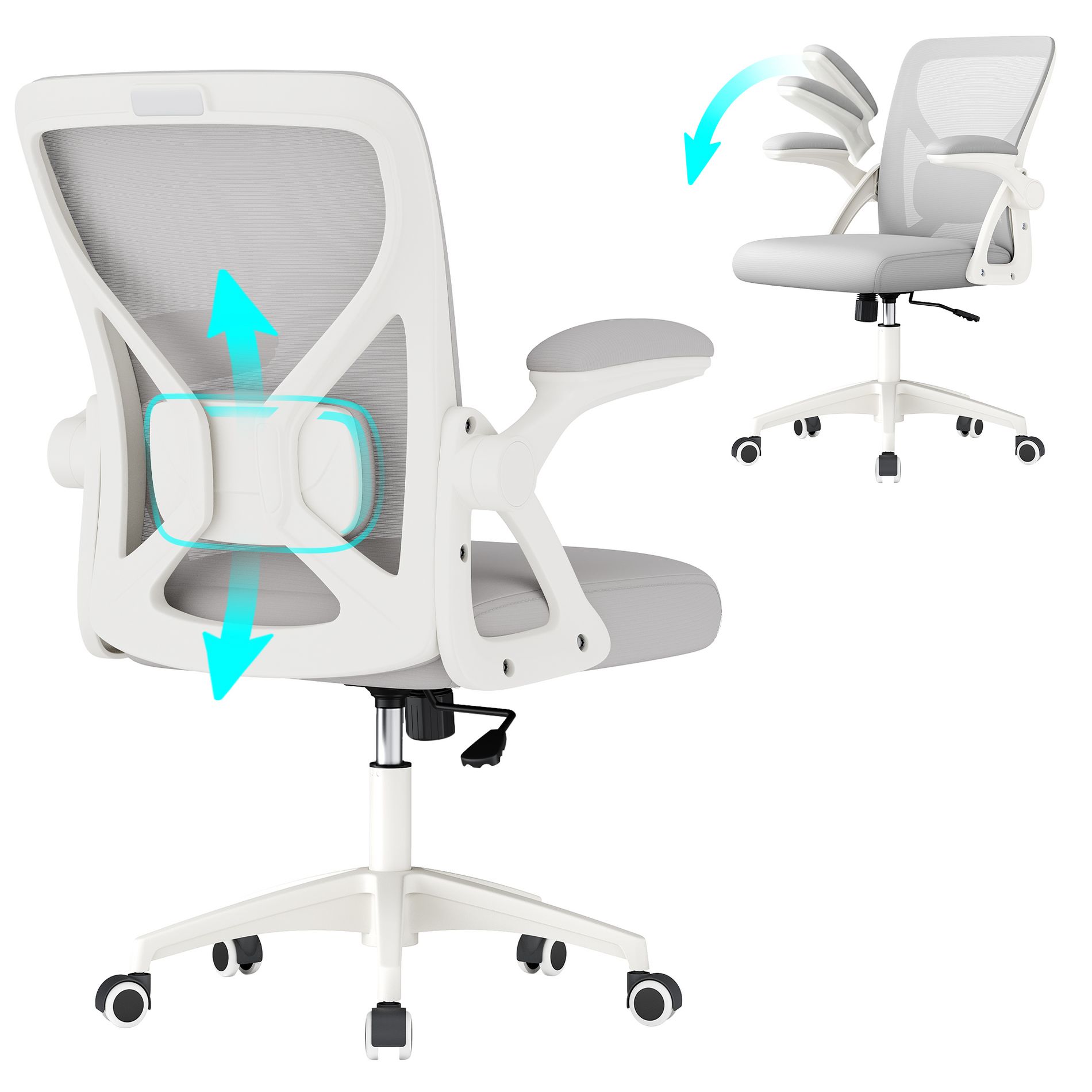 VASAGLE Ergonomic Mesh Office Chair with Adjustable Lumbar Support, 90-105° Tilt Function, Wide Seat, Flip‑Up Armrests, Dove Gray