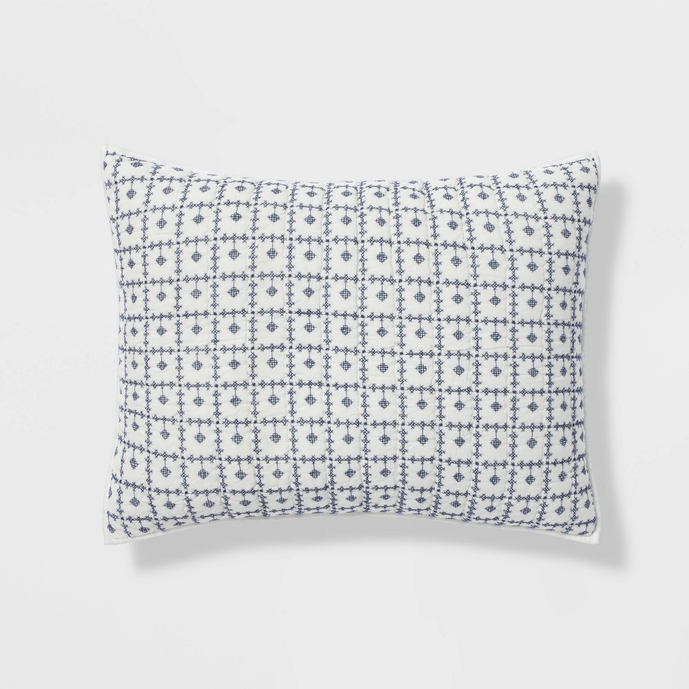 Photos - Pillowcase King Embroidered Grid Sham Blue - Threshold™