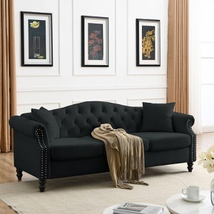 80" Beige Velvet Chesterfield Sofa for Living Room. 3 Seater, Tufted, Rolled Arms, Nailhead. For Living Room, Bedroom - 1 of 4