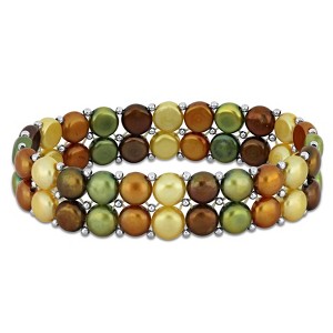 EVERLY JEWELRY | Silvertone 6-7mm Multi-Color Cultured Freshwater Button Pearl Double Row Elastic Bracelet with Beads, 7-inch - 1 of 4