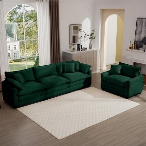 Mid-Century Modern 2-Piece Sofa Set, 3-Seater and Single-Seater, Corduroy with Arm and Throw Pillows - 1 of 4
