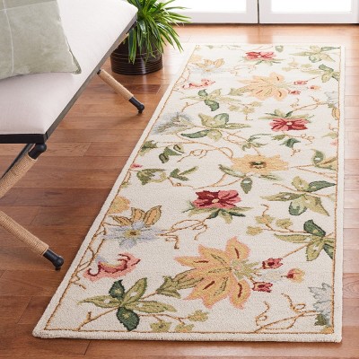 Ivory Floral Hand-Hooked Wool Runner Rug, 2'6" x 10'