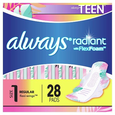 Always Radiant FlexFoam Teen Pads Regular Absorbency with Wings - Unscented - 28ct
