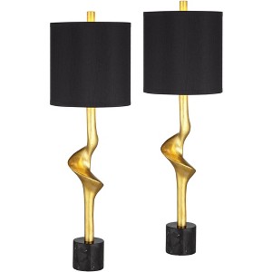 Possini Euro Design Minerva 32" Tall Large Modern Glam Luxe End Table Lamps Set of 2 Gold Leaf Black Shade Living Room Bedroom Bedside Nightstand - 1 of 4