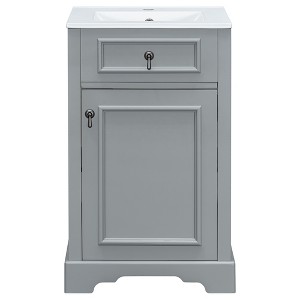 Vynxaria 20-Inch Bathroom Vanity with Ceramic Sink - Soft Close Door, Adjustable U-Shelf, Door-Mounted Rack, Solid Wood+MDF,Gray - 1 of 4