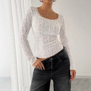 Coolmee Women's Cropped Lace Tops Printed Long Sleeve Square Neck