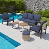 YARDSIGHT 5-Piece Outdoor Conversation Set with 3-Seat Sofa, 2 Armchairs, Ottoman, and Nesting Tables ¨C Blue Cushions & Handwoven Rattan - 2 of 4