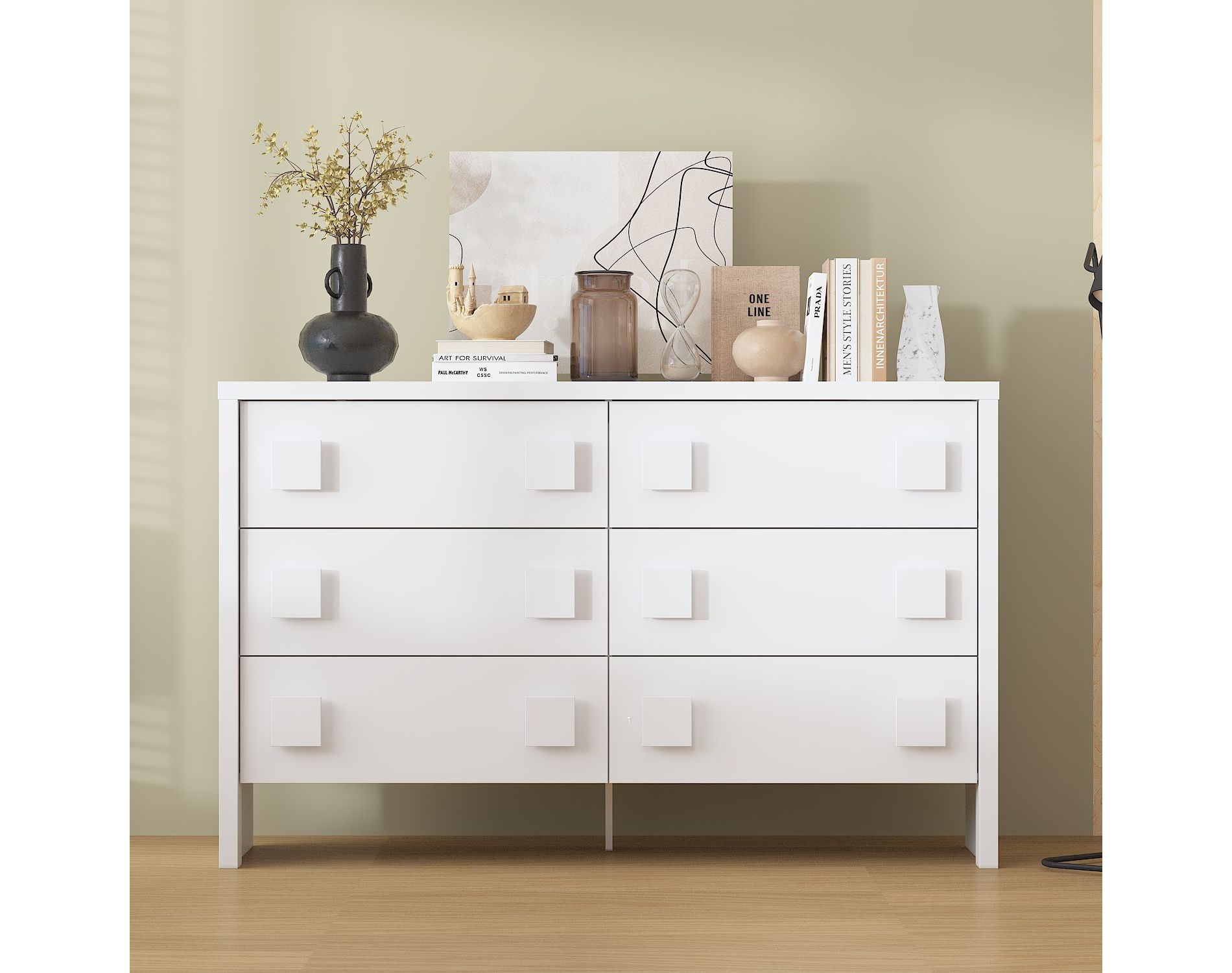 Famapy Large White 6 Drawer Chest of Drawers Double Handle Design Dresser for Bedroom