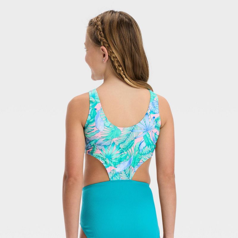 Girls' Floral Printed Tropical Twist Swimsuit - art class™ Light Blue, 4 of 5