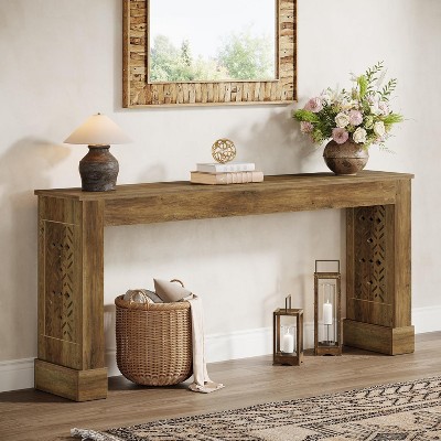 Tribesigns 63”Farmhouse Console Table, Industrial Wood Sofa Table with Retro Hollow Pattern Legs for Living Room,Foyer, Rustic Brown