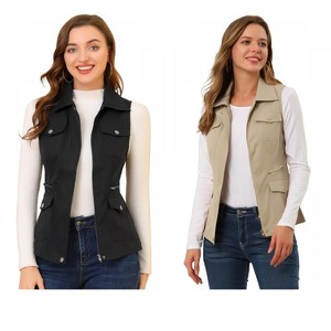 INSPIRE CHIC Women's Zip-Up Sleeveless Turn Down Collar Cargo Utility Vest with Pockets 2 Packs - 1 of 4